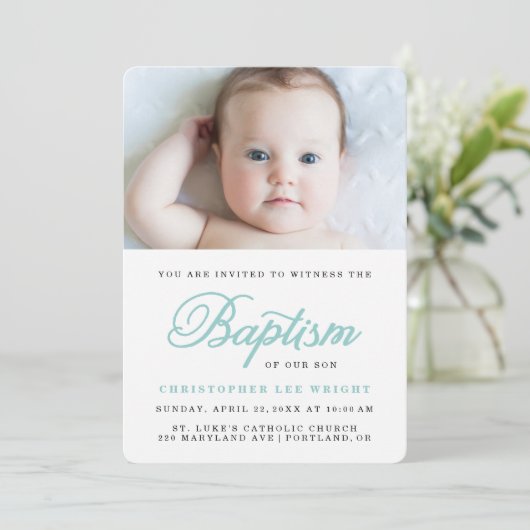 Blue Calligraphy Stylish Boy Baptism Invitation Kaart (Staand voorkant)
