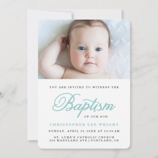 Blue Calligraphy Stylish Boy Baptism Invitation Kaart (Voorkant)