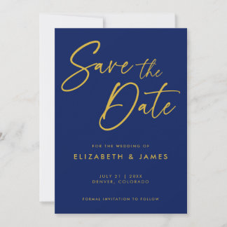 Blue Calligraphy Wedding Save the Date Kaart