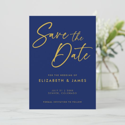 Blue Calligraphy Wedding Save the Date Kaart (Staand voorkant)