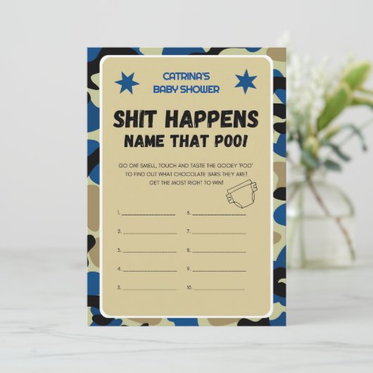 Blue Camo Baby shower - bewerkbare naam, 5x7 Invit Kaart (Staand voorkant)
