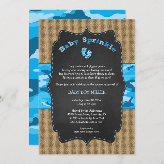 Blue Camo Baby Sprinkle Invite, camouflage burlap Kaart (Voorkant / Achterkant)