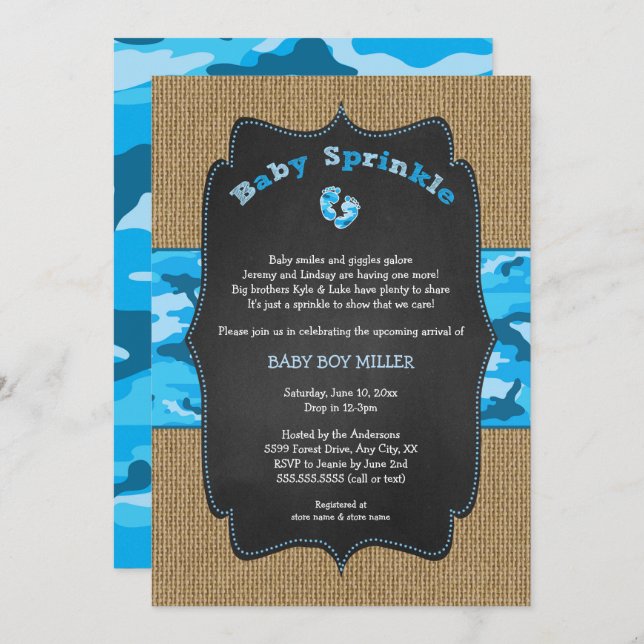 Blue Camo Baby Sprinkle Invite, camouflage burlap Kaart (Voorkant / Achterkant)