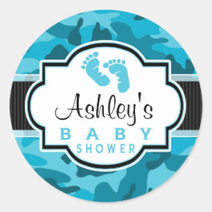 Blue Camo, Camouflage Baby shower Ronde Sticker