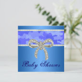 Blue Camo Diamond Bow Baby shower Invitation Kaart (Staand voorkant)