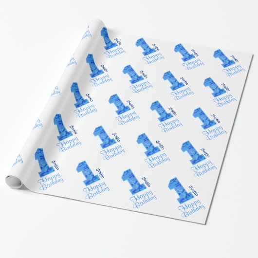 BLUE CAMO First Birthday Custom Name V03a Cadeaupapier (Uitgerold)