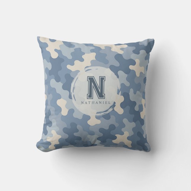 Blue Camo Militair Monogram Kussen (Voorkant)