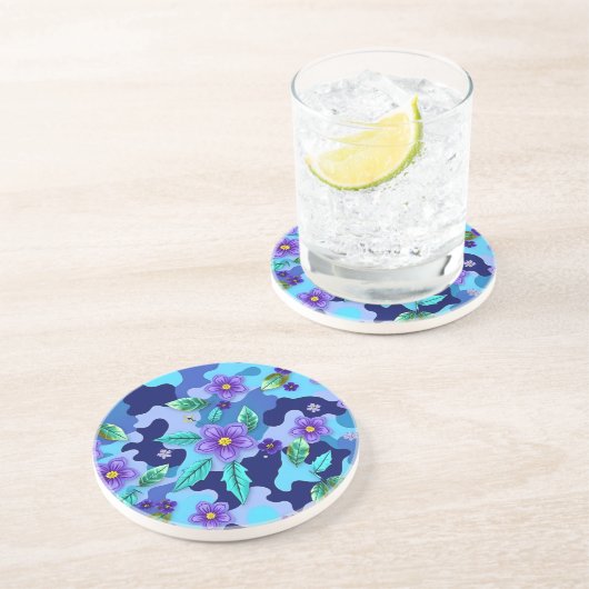 Blue Camo Round Sandstone Coaster Zandsteen Onderzetter (Zijkant)