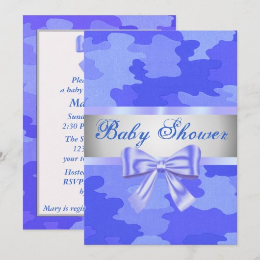 Blue Camouflage Blue Bow Baby shower Uitnodiging (Voorkant / Achterkant)