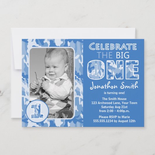 Blue Camouflage / Camo Foto First Birthday Party Kaart (Voorkant)