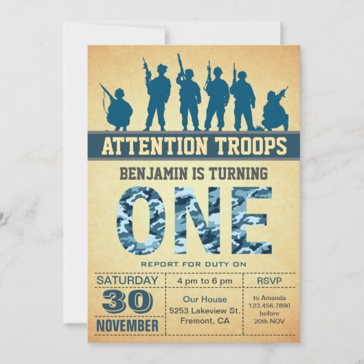 Blue Camouflage First Birthday Uitnodiging (Voorkant)