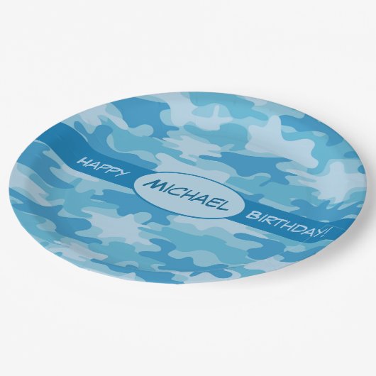 Blue Camouflage Happy Birthday Name Persoonlijk Papieren Bordje (Gekanteld)