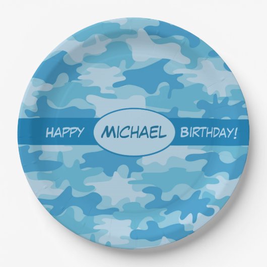 Blue Camouflage Happy Birthday Name Persoonlijk Papieren Bordje (Voorkant)