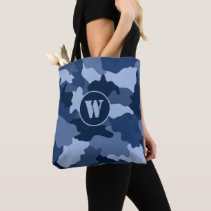 Blue Camouflage Pattern Monogram Initiaal Tote Bag