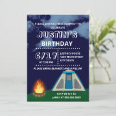 Blue Camp-out uitnodiging voor verjaardagsfeestje (Staand voorkant)