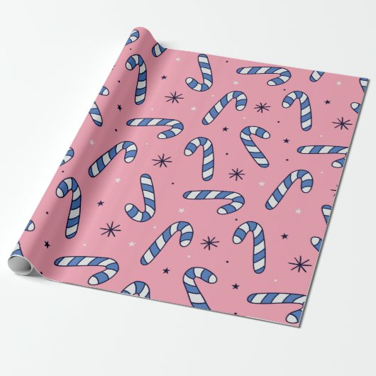 Blue Candy Canes op roze vakantiepatroon Cadeaupapier (Uitgerold)