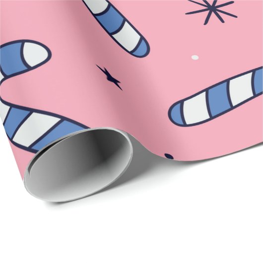 Blue Candy Canes op roze vakantiepatroon Cadeaupapier (Rol Hoek)