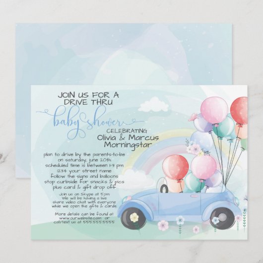 Blue Car-ballonnen drive door Baby shower Kaart (Voorkant / Achterkant)