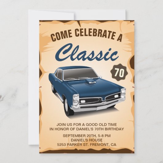  Blue Car Classic Birthday Invitation Kaart (Voorkant)