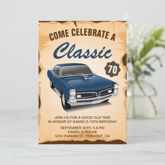  Blue Car Classic Birthday Invitation Kaart (Staand voorkant)