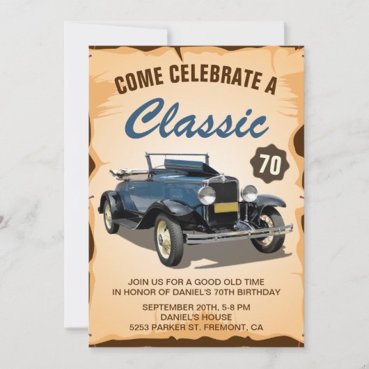  Blue Car Classic Birthday Invitation Kaart (Voorkant)