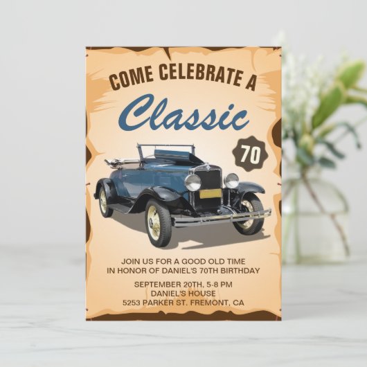  Blue Car Classic Birthday Invitation Kaart (Staand voorkant)