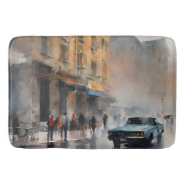  Blue Car in Foggy Cityscape Badmat