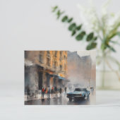 Blue Car in Foggy Cityscape Briefkaart (Staand voorkant)