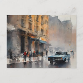 Blue Car in Foggy Cityscape Briefkaart