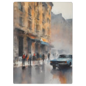 Blue Car in Foggy Cityscape Klembord (Achterkant)