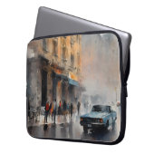 Blue Car in Foggy Cityscape Laptop Sleeve (Voorkant Links)
