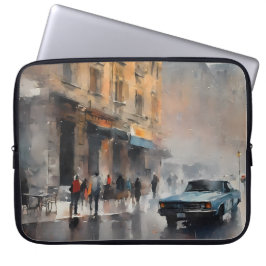 Blue Car in Foggy Cityscape Laptop Sleeve