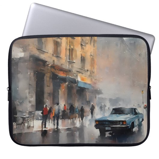 Blue Car in Foggy Cityscape Laptop Sleeve (Voorkant)
