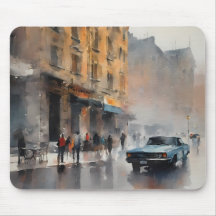 Blue Car in Foggy Cityscape