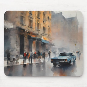  Blue Car in Foggy Cityscape Muismat