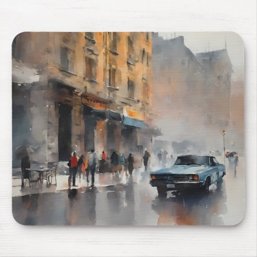  Blue Car in Foggy Cityscape Muismat (Voorkant)