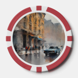  Blue Car in Foggy Cityscape Poker Chips