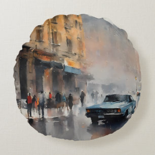 Blue Car in Foggy Cityscape Rond Kussen