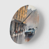 Blue Car in Foggy Cityscape Ronde Klok (Hoek)