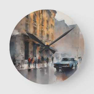 Blue Car in Foggy Cityscape Ronde Klok