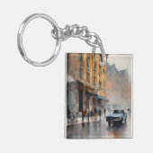Blue Car in Foggy Cityscape Sleutelhanger (Voorkant Links)