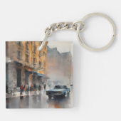 Blue Car in Foggy Cityscape Sleutelhanger (Achterkant)