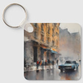  Blue Car in Foggy Cityscape Sleutelhanger (Voorkant)
