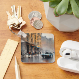 Blue Car in Foggy Cityscape Sleutelhanger