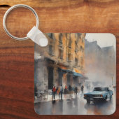  Blue Car in Foggy Cityscape Sleutelhanger (Voorkant)