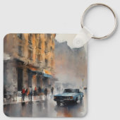  Blue Car in Foggy Cityscape Sleutelhanger (Achterkant)