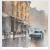  Blue Car in Foggy Cityscape Sticker (Vel)