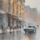  Blue Car in Foggy Cityscape Sticker (Voorkant)