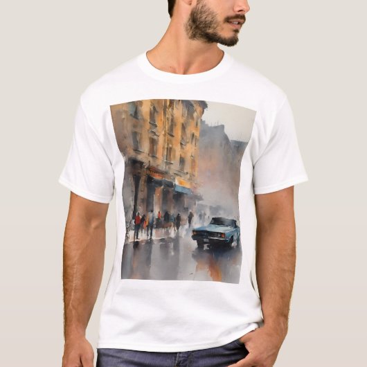  Blue Car in Foggy Cityscape T-shirt (Voorkant)