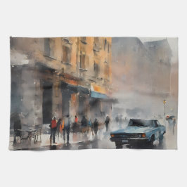  Blue Car in Foggy Cityscape Theedoek